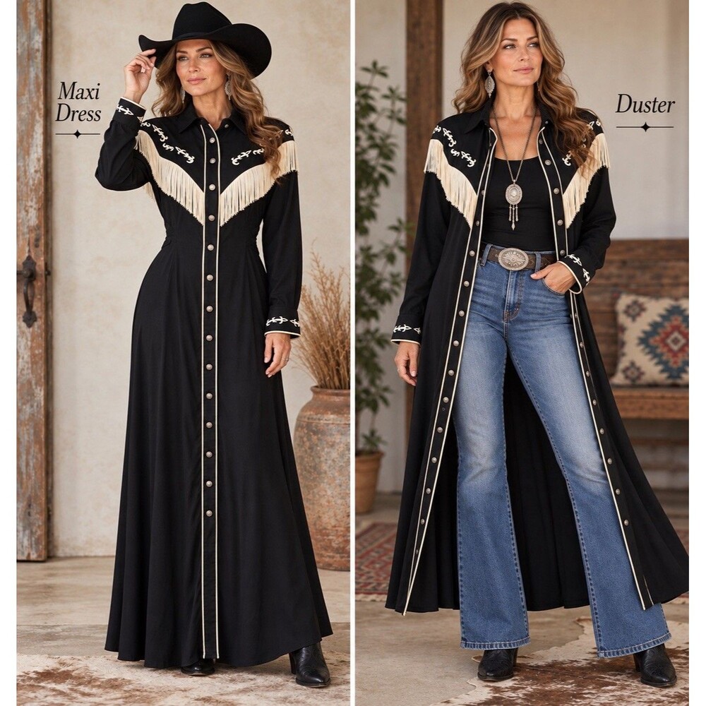 Rod’s Vintage 90’s Fringed Maxi Dress/Duster Embroidered Size XL Rodeo Cowgirl
